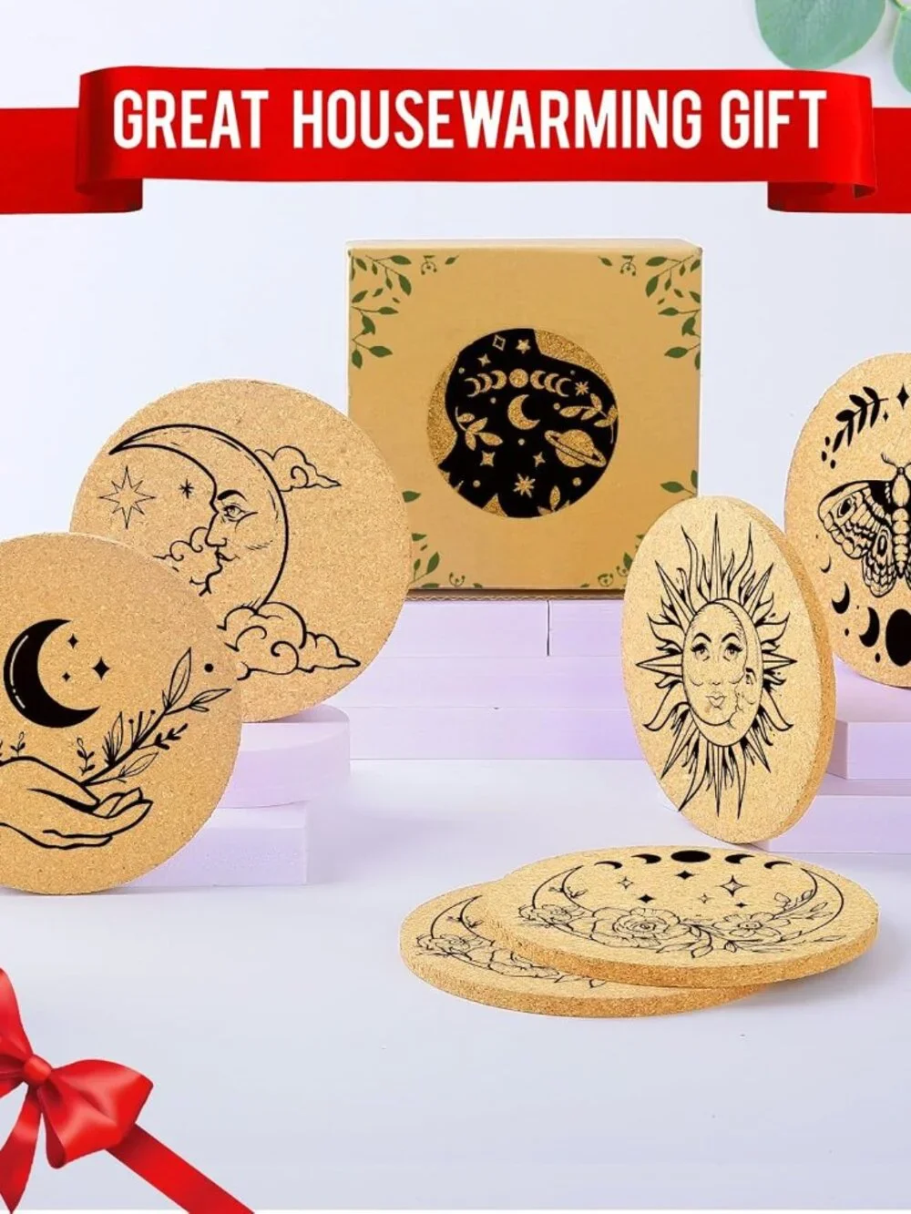 Coasters for Drinks with Holder Set of 6, Vintage Sun Moon Absorbent Cork Wood C